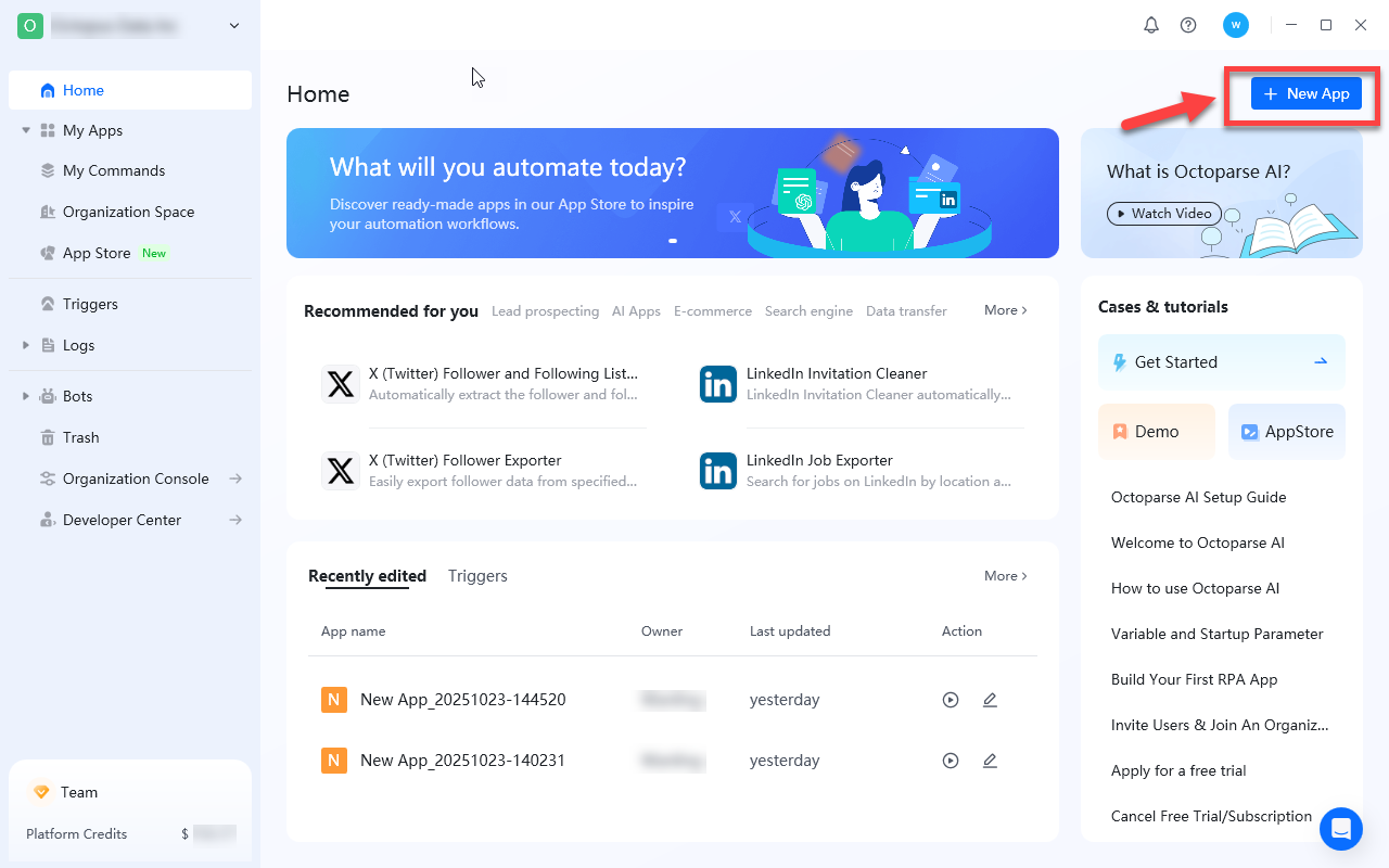 create new app in octoparse ai